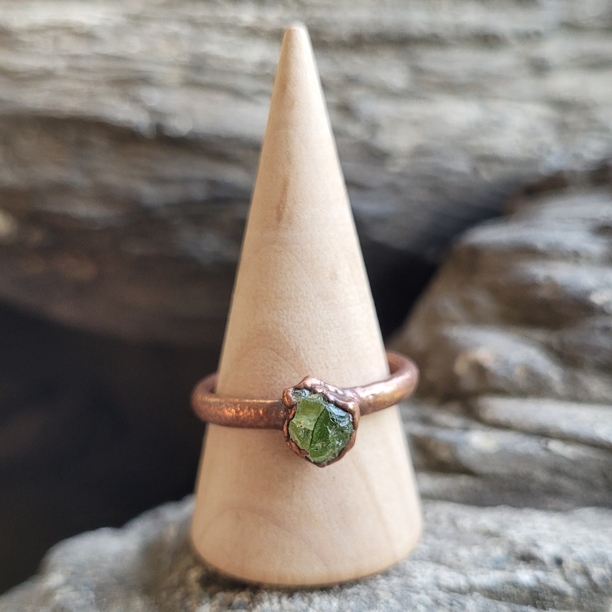 Green Peridot Raw Stone Solitaire Copper Ring