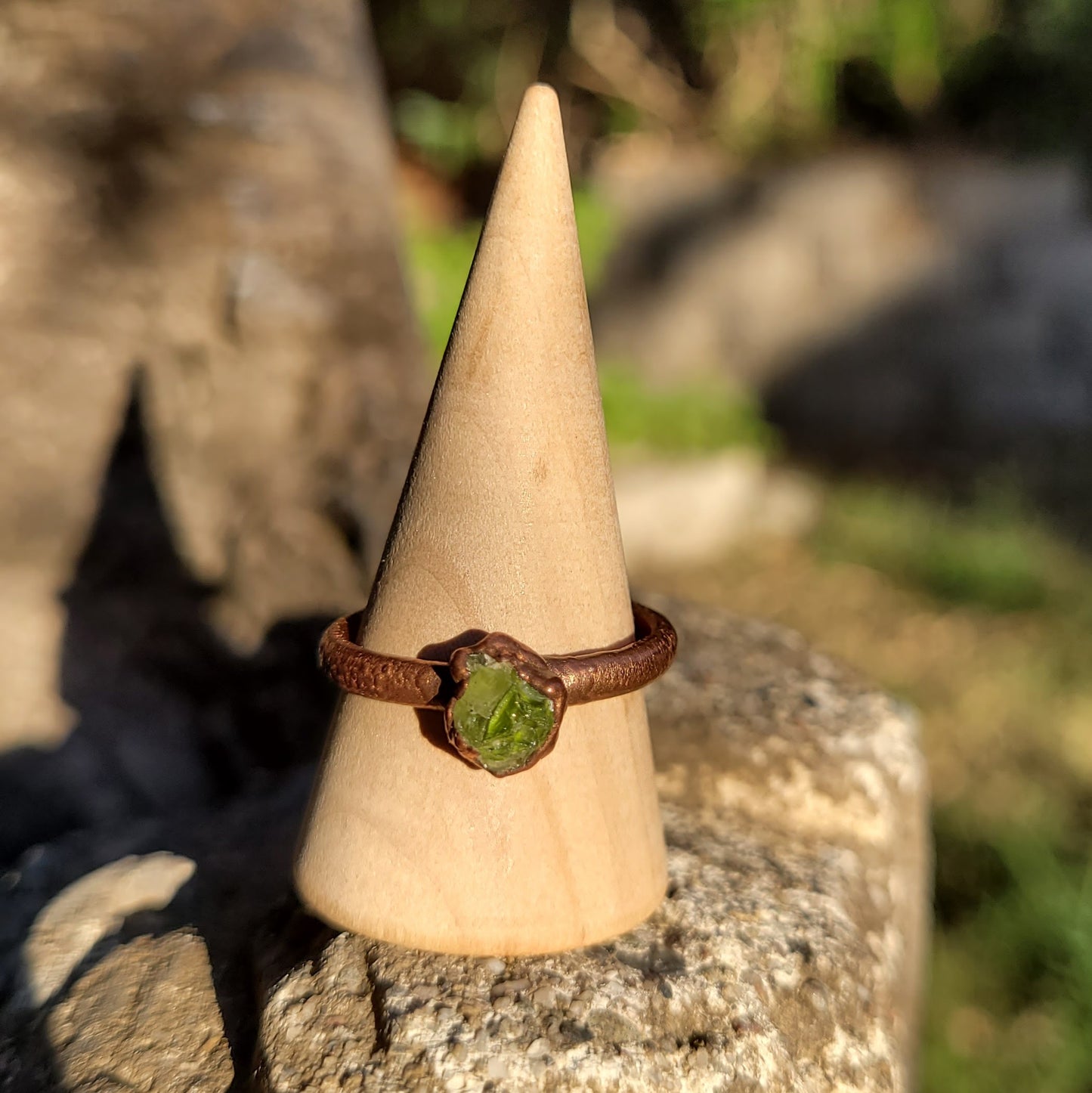 Peridot Raw Stone Solitaire Recycled Copper Ring