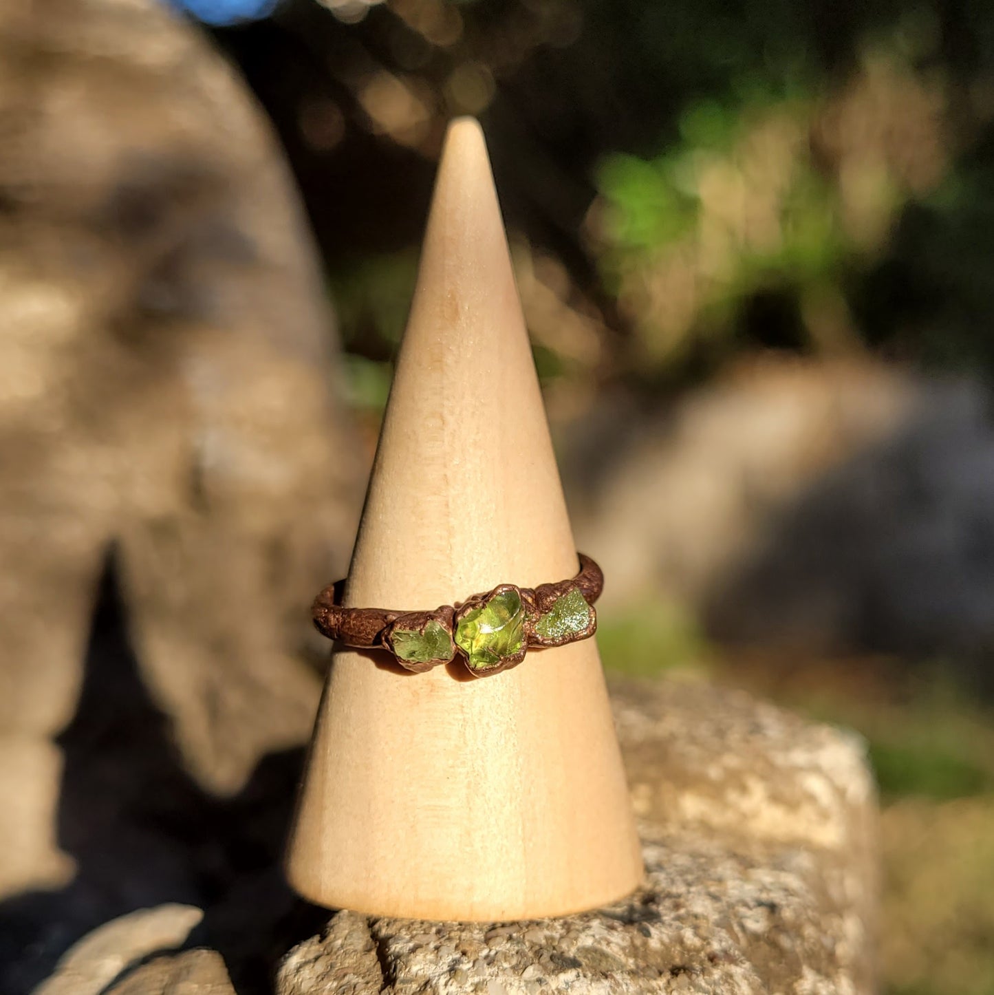 Peridot Raw Stone Trio Recycled Copper Ring