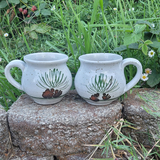 Pair of Handcrafted Glazed Ceramic Pine Cone Coffee Mugs
