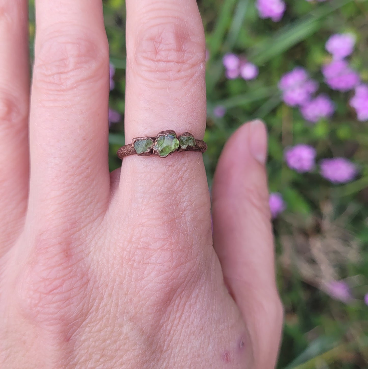 Peridot Raw Stone Trio Recycled Copper Ring